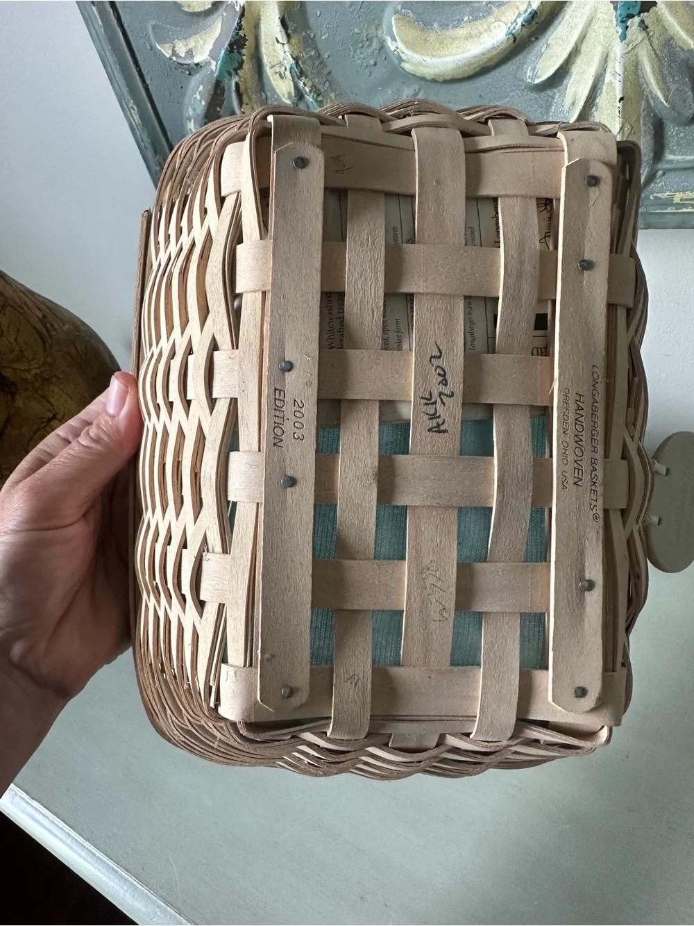 Longaberger white wash Robbins egg blue Easter basket with liner protector tie o